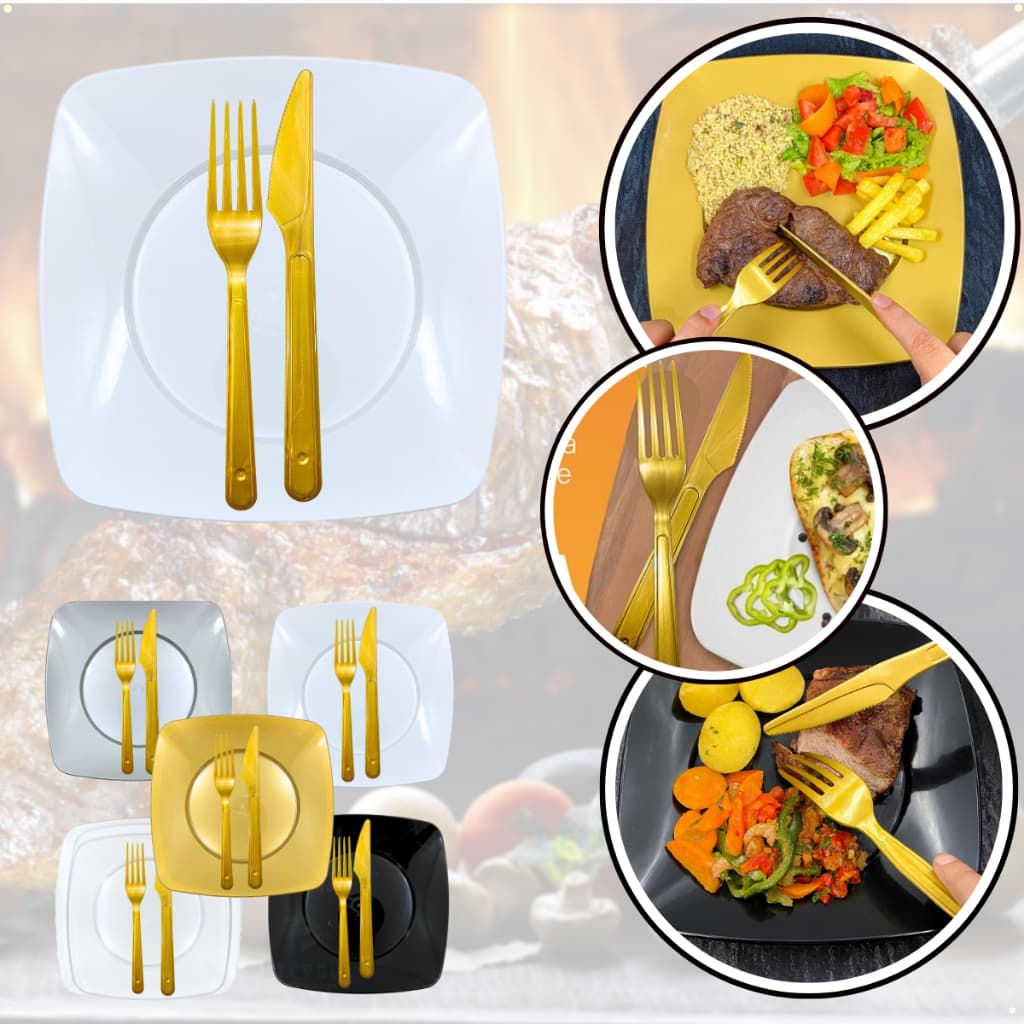 Kit 50 Pratos Refeição 100 Talheres Facas Garfos Dourado Kit Churrasco Acrílico Reforçado Descartavel Prato Quadrado