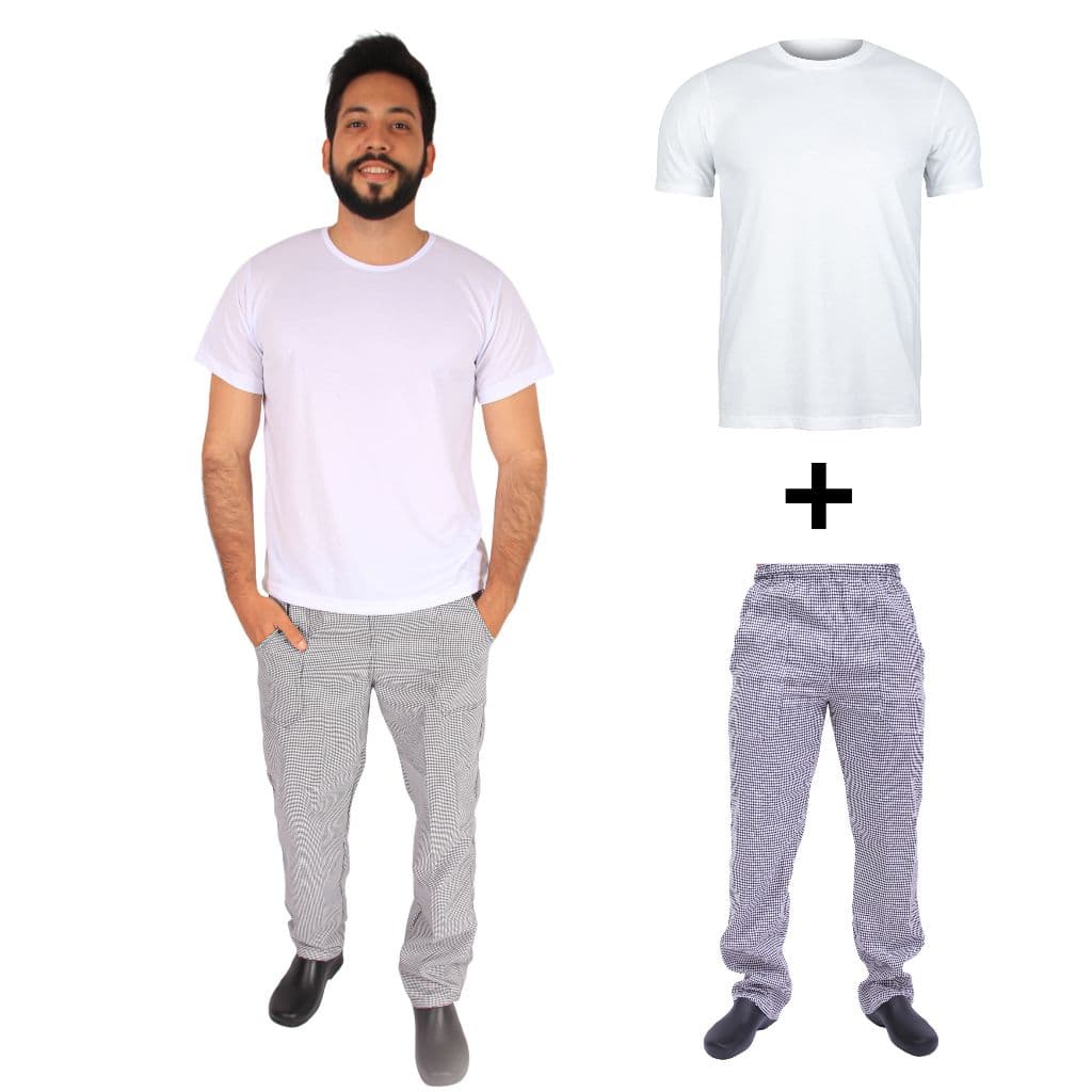 Kit Calça Xadrez + Camisa Ajudante Cozinha Cozinheiro Chef -