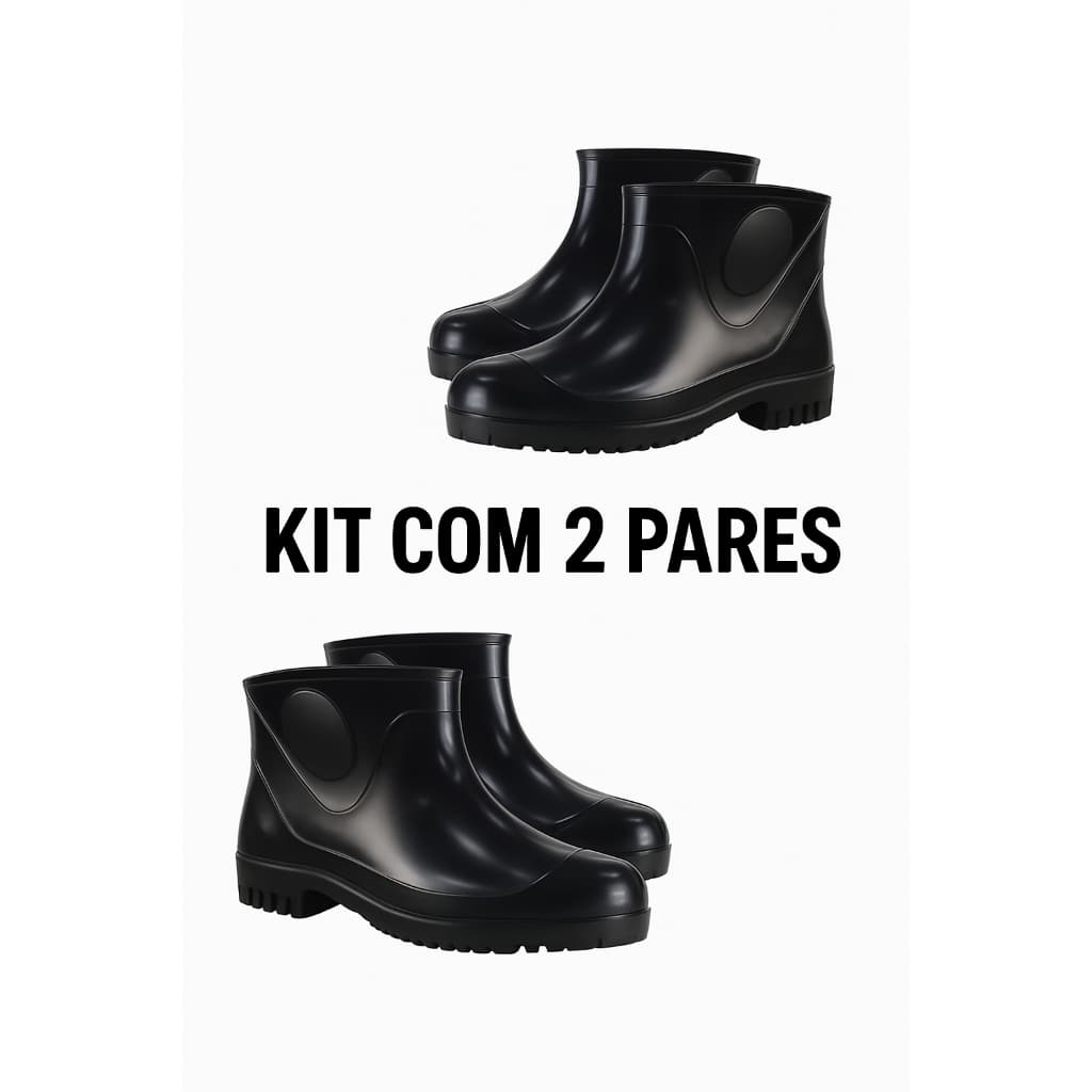 Kit 2 Pares Bota Botinha PVC Preta Cano Extra Curto Impermeavel e Antiderrapante Cozinha Restaurante Hotel Pesca Limpeza