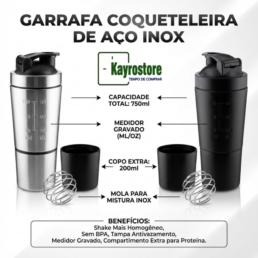 Garrafa Shakeira Coqueteleira Misturador Aço Inox 750ml+200ml Duas cores Disponíveis