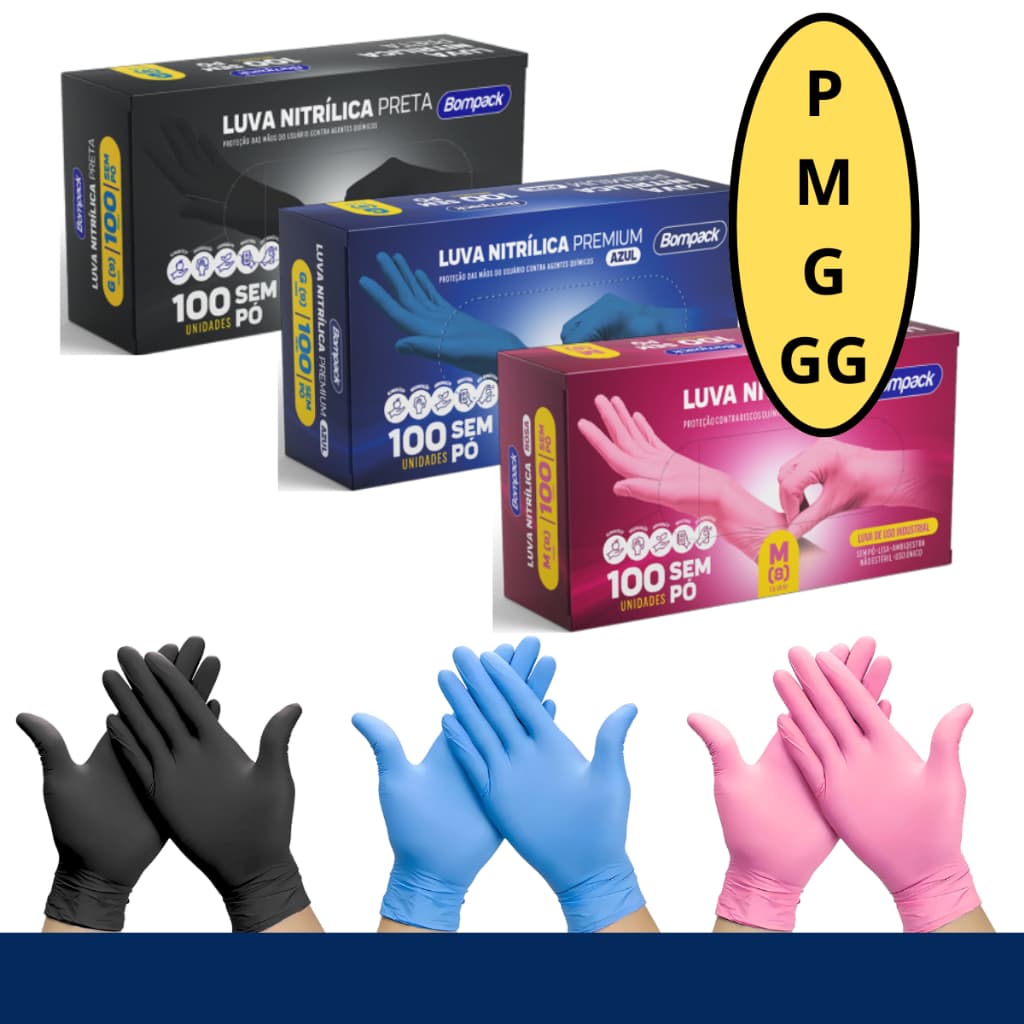 Luva Nitrílica Descartável Sem Pó Resistente Antialérgica Caixa com 100 Preta Azul Rosa Procedimento
