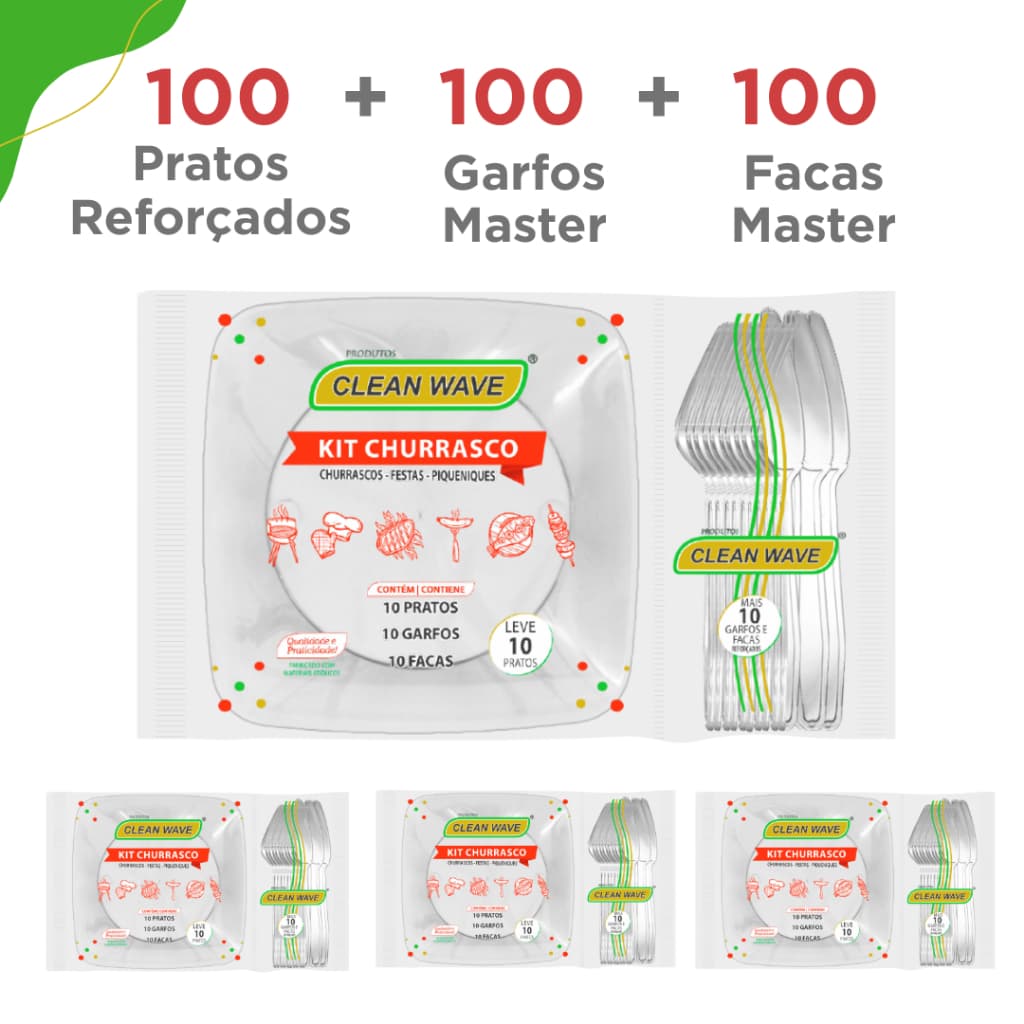 Kit Descartáveis Festa Churrasco 100 Pratos + 100 Garfos + 100 Facas Acrílico Reforçado Cristal