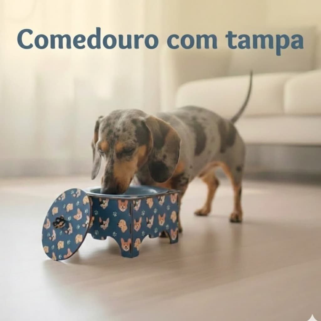 Comedouro Pet Elevado Ergonômico com Suporte em MDF com Tampa Pote 400ml Saúde Conforto Higiene