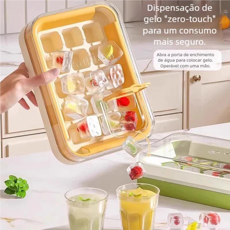 Forma de gelo de silicone com tampa, 15 cubos, fácil de desenformar, higiênica e prática.