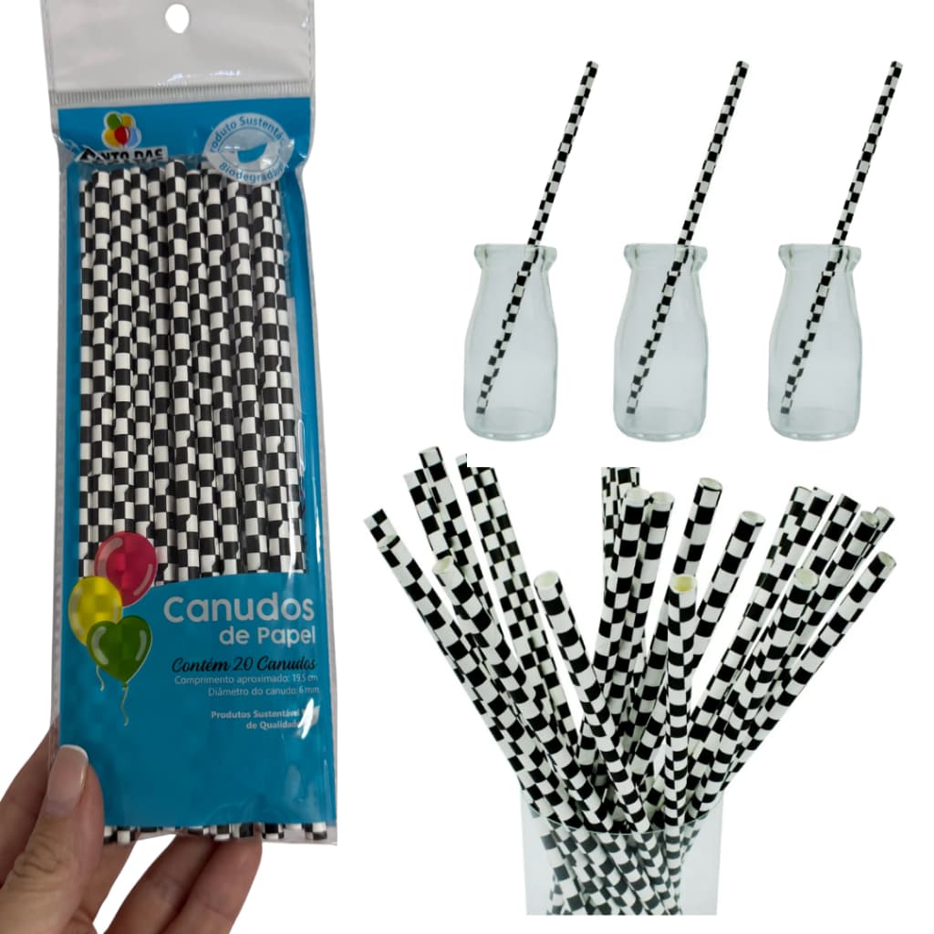 Canudo de Papel Vintage Quadriculado Xadrez Preto e Branco Biodegradável Ponto das Festas – Inspire
