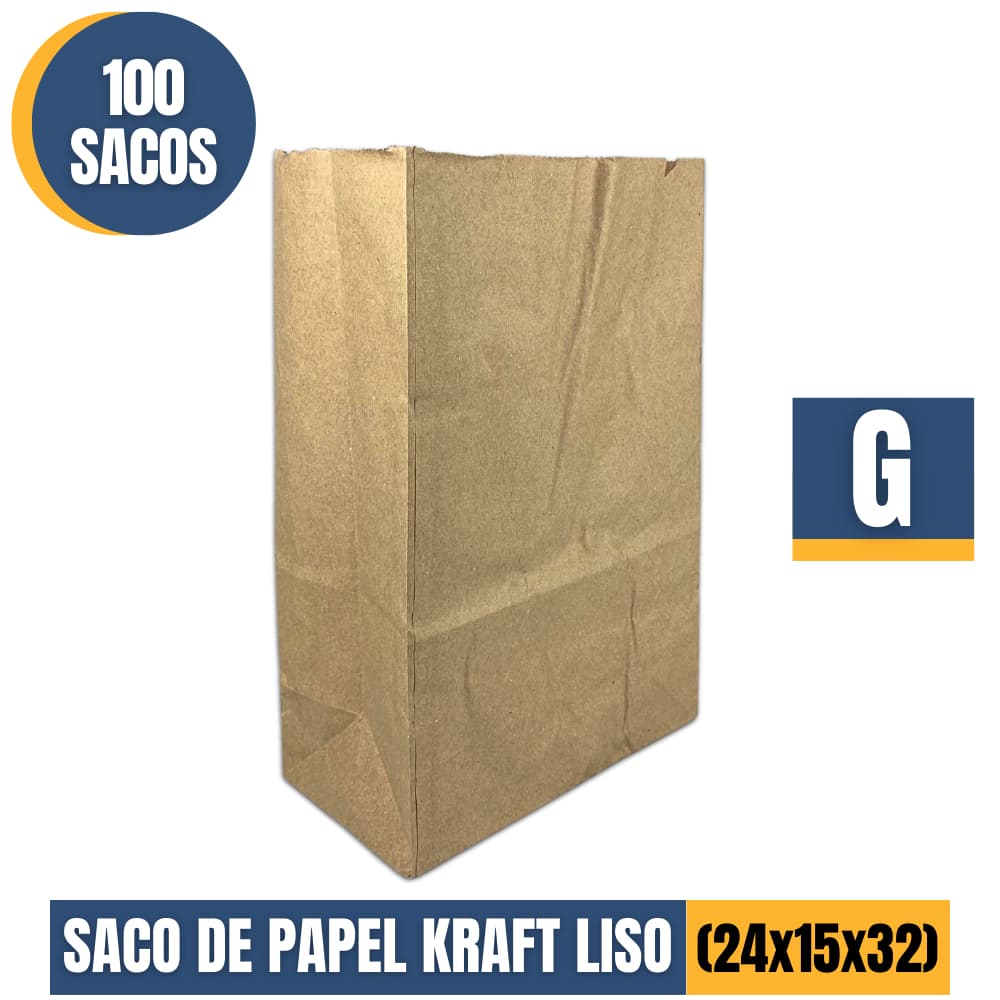 Saco Papel Kraft G (24x15x32) Embalagem Lisa Resistente Sem Alça Delivery Liso Presente c/100pacotes