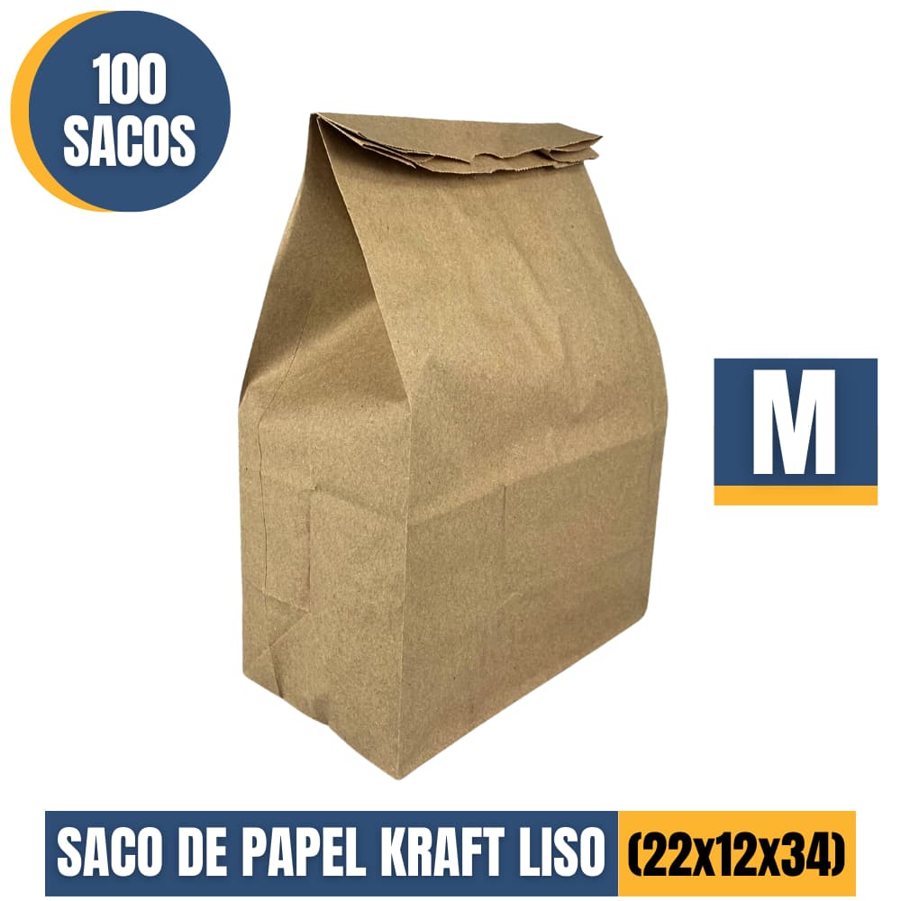 Saco Papel Kraft Liso M (22x12x34) Reforçãdo Delivery Mercado C/100unidades Ifood Entregas Resistente Sem Alça