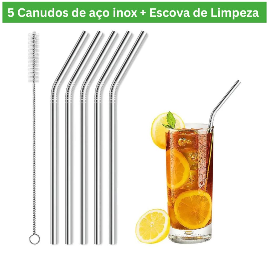 Kit 5 Canudos Aço Inox Reutilizáveis Ecológicos com Escova Limpeza para Copo Térmico
