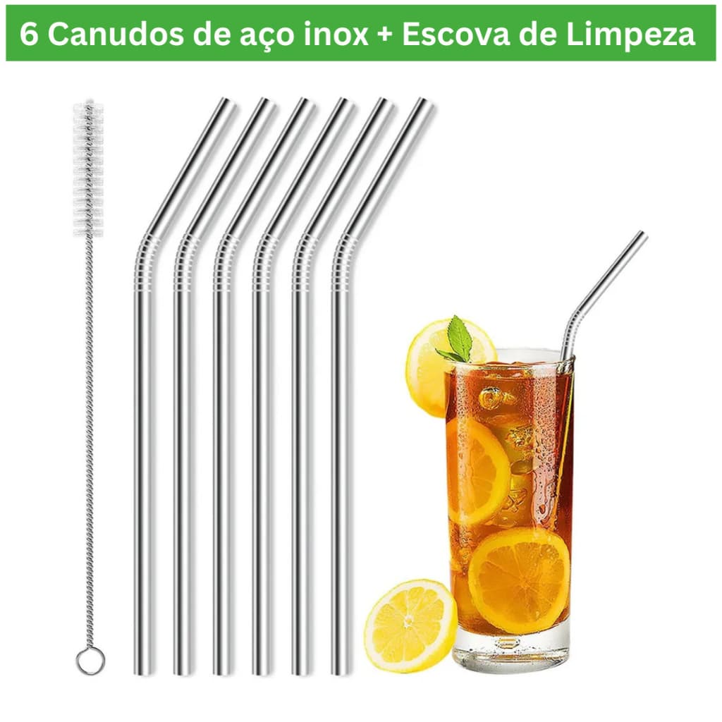 Kit 6 Canudos Aço Inox Reutilizáveis Curvos Ecológicos com Escova de Limpeza Higiênica