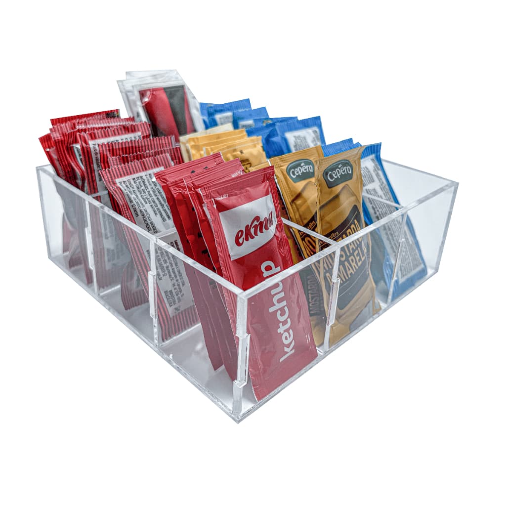 Caixa Porta Ketchup maionese mostarda Organizador de Sachês Com 9 Divisorias em Acrílico