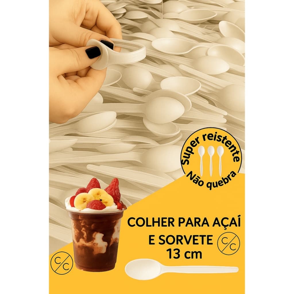 Colher Açaí Branca Reforçada 13cm 1000 Unidades Descartável Resistente Festa Sorveteria