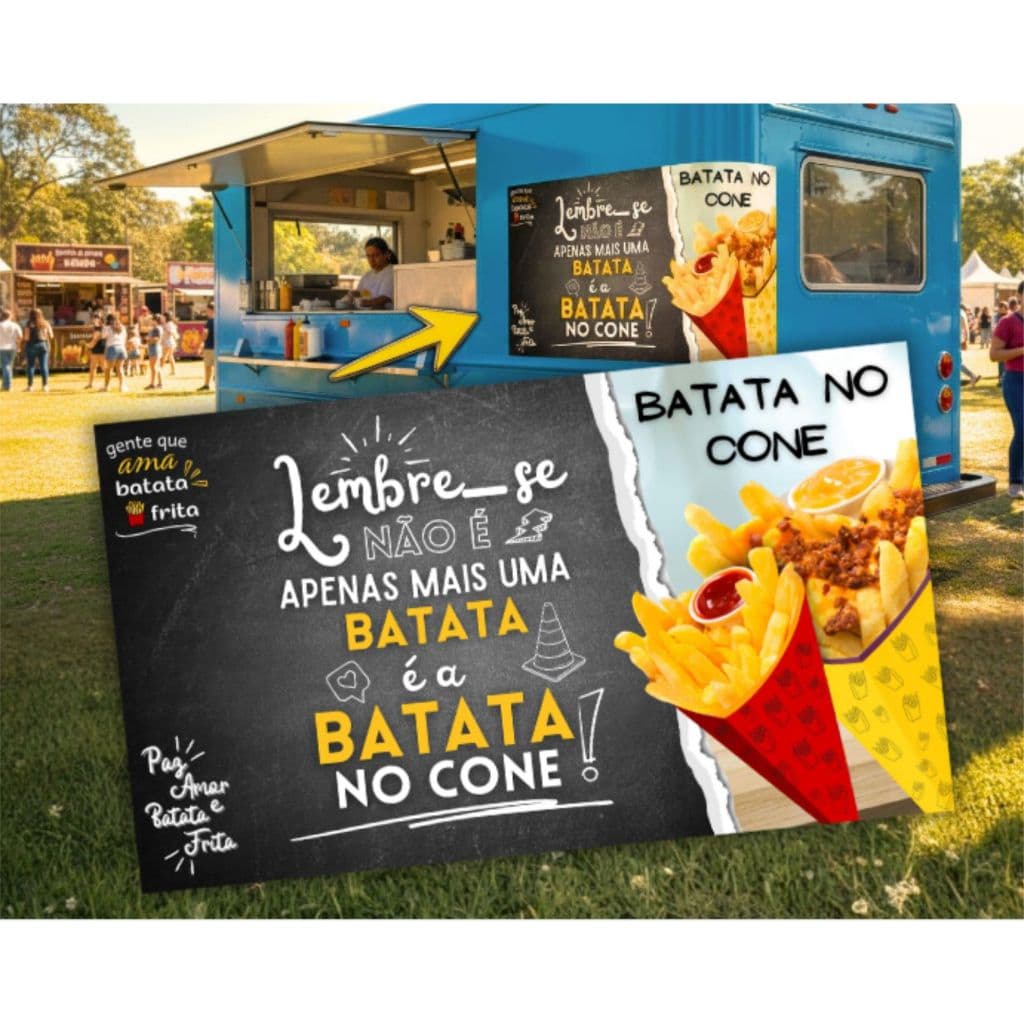 Painel Adesivo Parede Batata no Cone Recheada Cheddar Bacon Catupiry Trailler Vender Fast Food