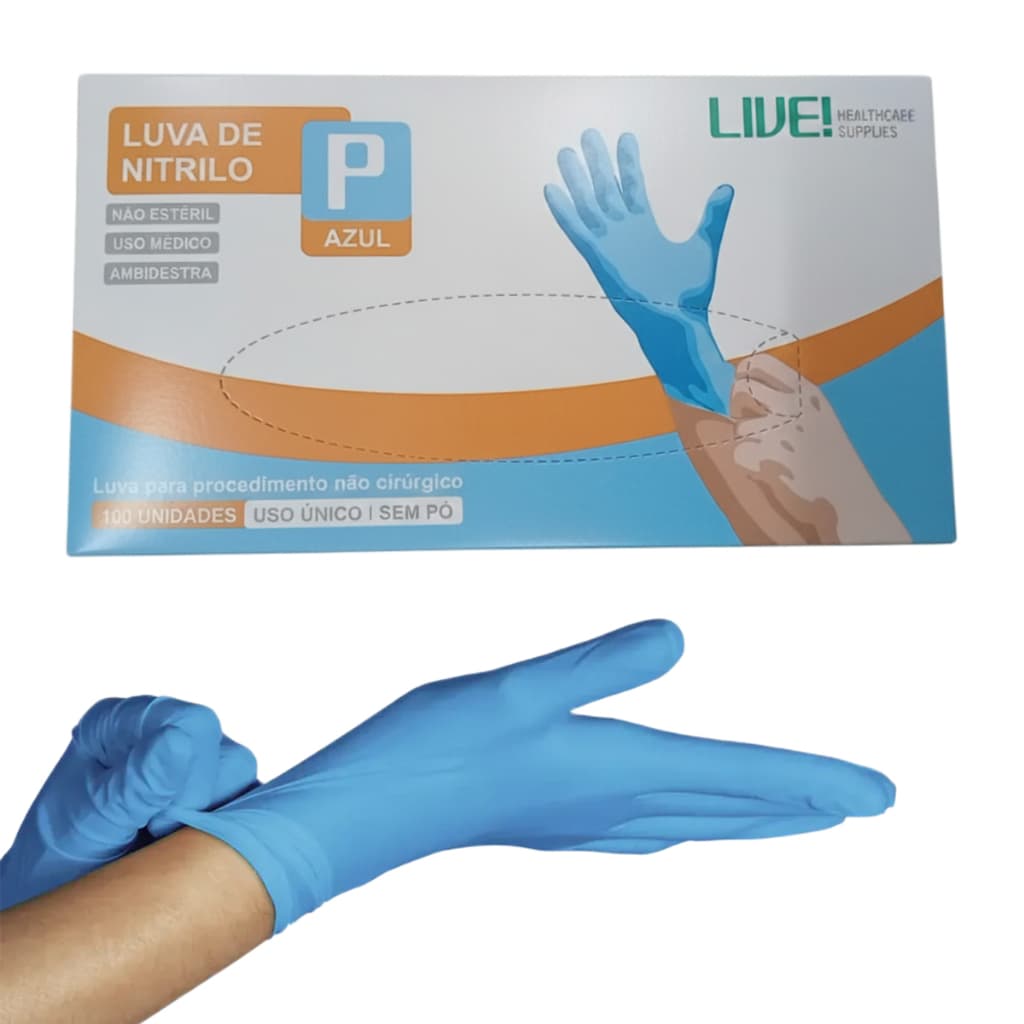 Luva descartável Nitrílica Sem Pó P Azul Caixa 100 Unidades Live