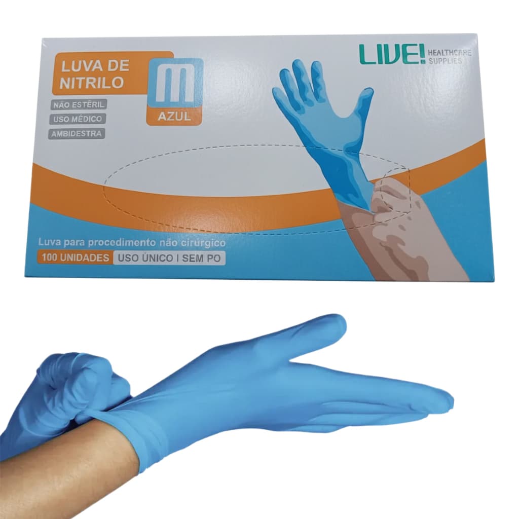 Luva Nitrílica Descartáveis Azul M Sem Pó Caixa 100 Unidades Live