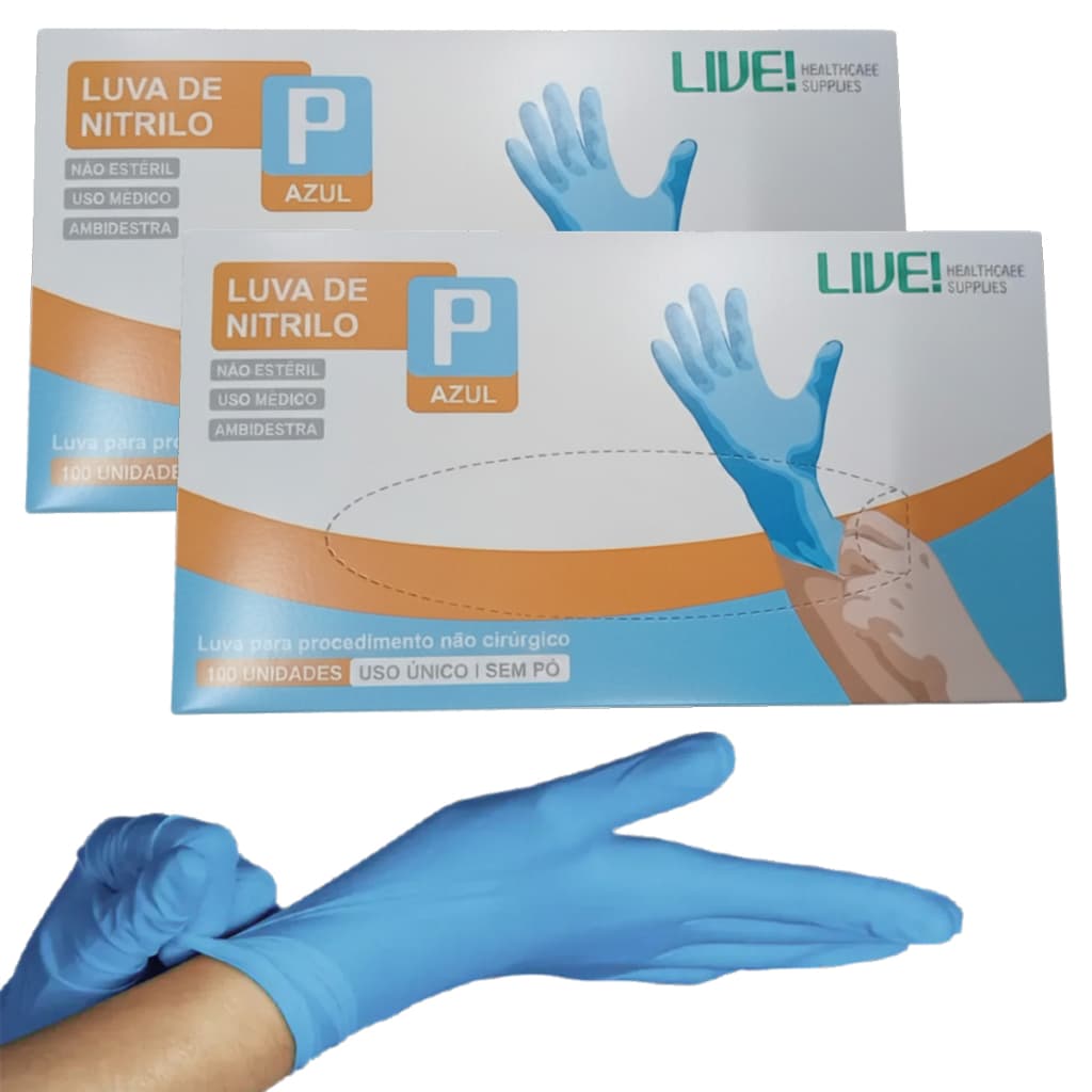 Kit 2 Luvas descartáveis  Sem Pó Nitrílica P Azul Caixa 100 Unidades Live