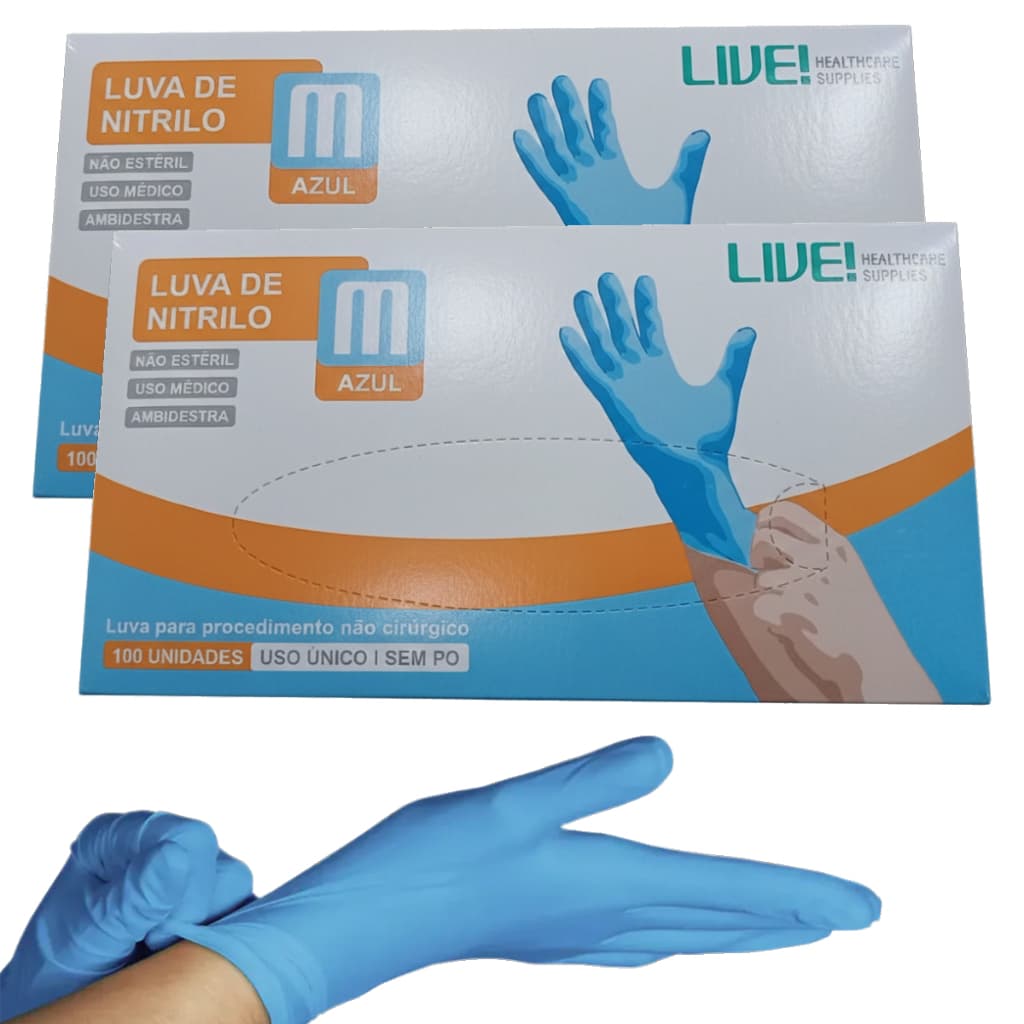 Kit 2 Luva Nitrílica Sem Pó M Azul Caixa 100 Unidades Live Azul M