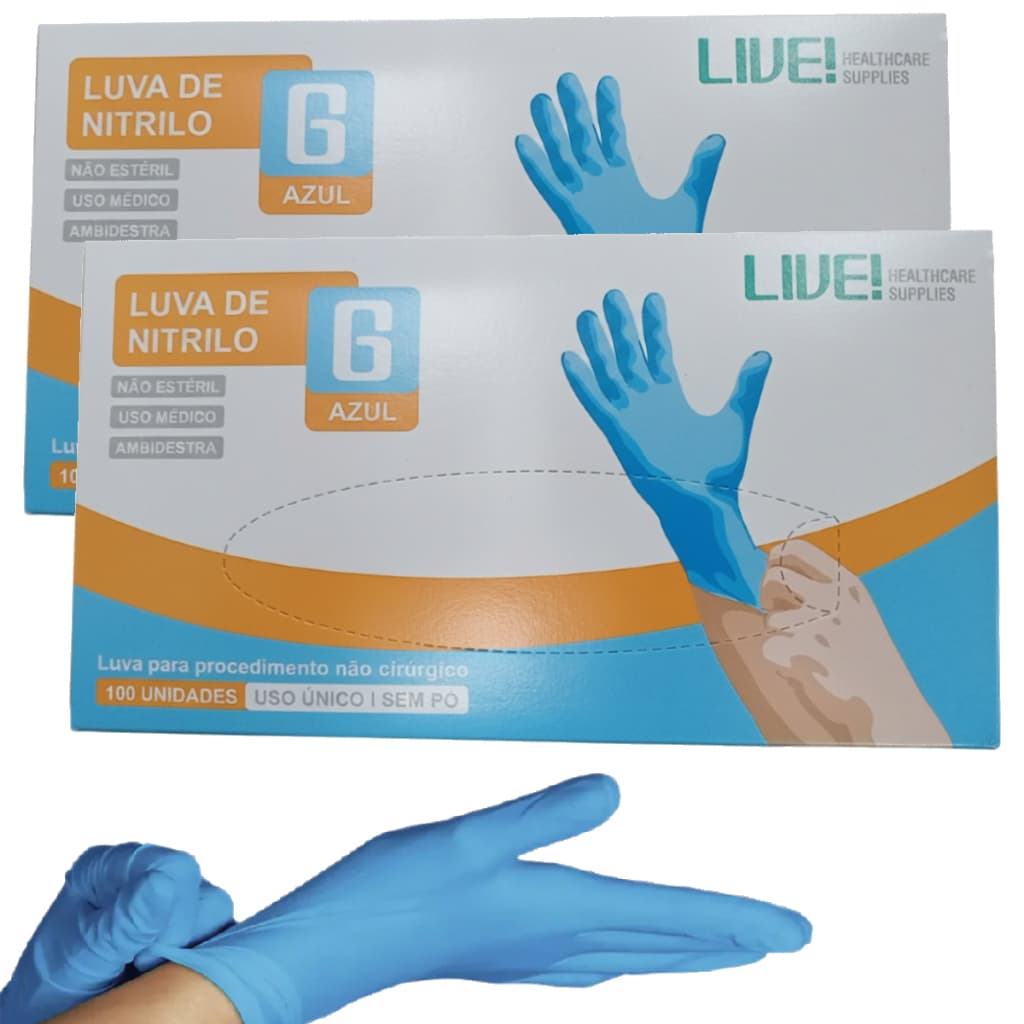 Kit 2 Luvas Nitrílica Azul Sem Pó G Caixa 100 Unidades Live