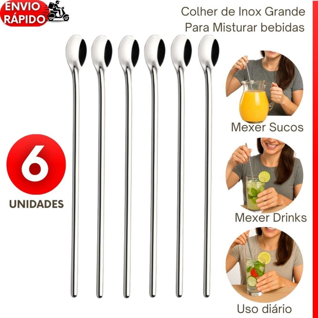 Kit 6 a 2un Colher de Suco Bailarina 30 cm Inox Mexedora Grande Profissional Barman para Drinks Jarra Copo
