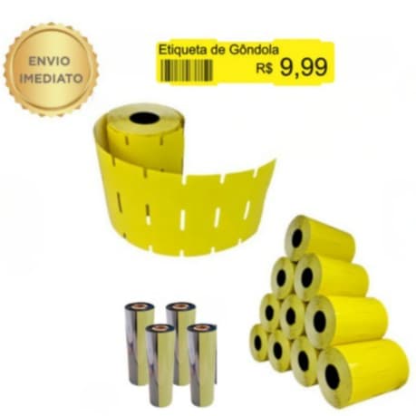 *ENVIO IMEDIATO* 10 (DEZ)  ROLOS ETIQUETA GÔNDOLA  (AMARELO) + 4 RIBBONS  -- ZEBRA /ARGOX /ELGIN