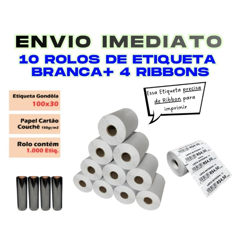 *ENVIO IMEDIATO* 10 (DEZ) ROLOS ETIQUETA DE GÔNDOLA  (BRANCA) + 4 RIBBONS  -- ZEBRA /ARGOX /ELGIN