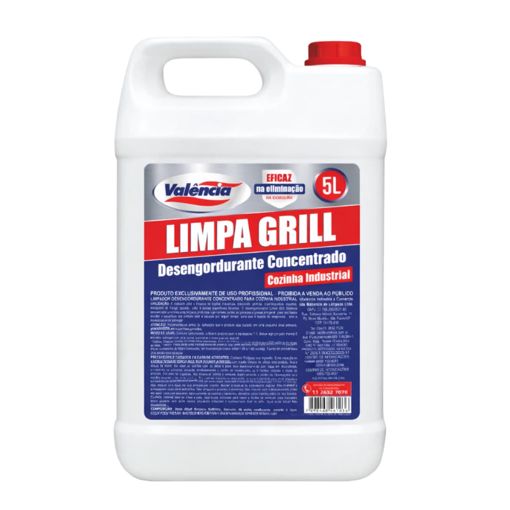 Limpa Grill Valência 5L Desengordurante Concentrado Profissional Grelhas Chapas Cozinha Industrial Alto Poder Limpeza