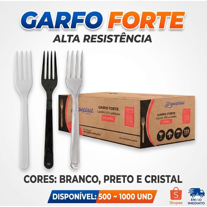Garfo Forte Descartável Reforçado 500~1000 Unidades Cristal Branco Preto