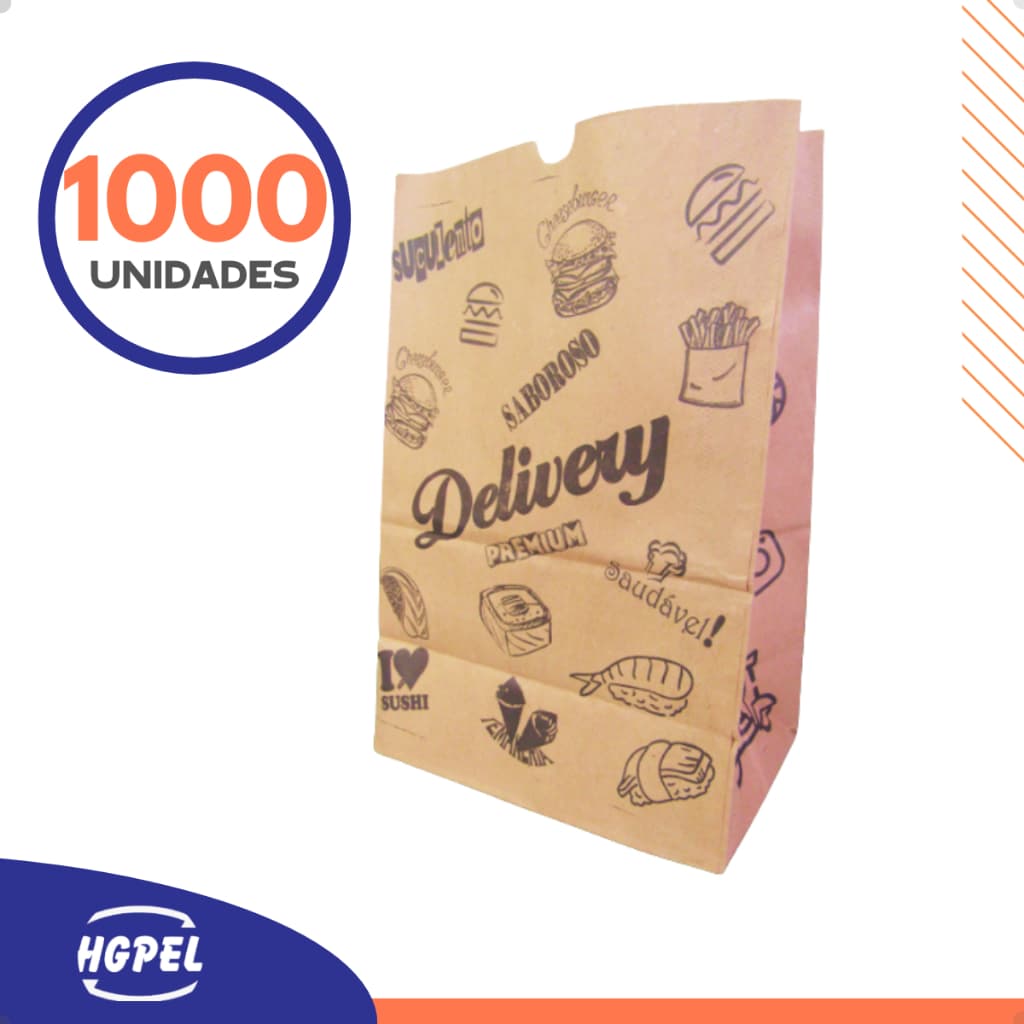 Saco Kraft Delivery 22x14x32 Impresso Reforçado 70g Atacado - 1000 Unidades