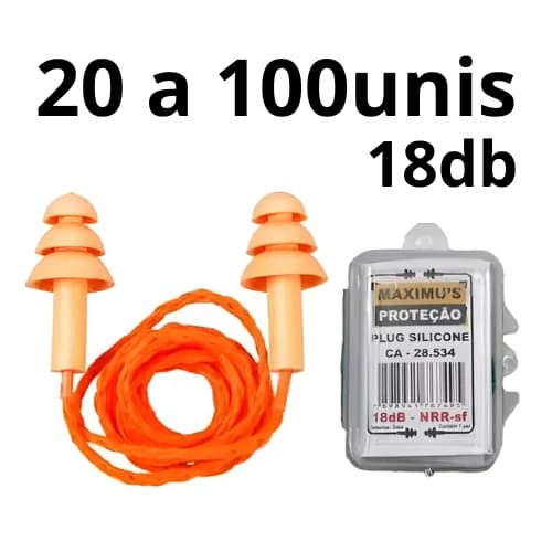 Kit 20/100 unid Protetor Aurícular 18db Silicone cordão Laranja Maximus CA 28534