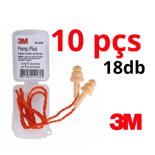 kit 10 pçs Protetor Auricular em Silicone 3M Pomp Plus 18 Db com cordão - C.A 5745
