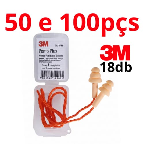 Kit 50 e 100pçs Protetor Auricular em Silicone 3M Pomp Plus 18 Db com cordão - C.A 5745