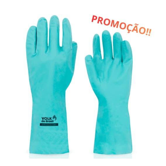 Kit 5 Luva Nitrilica Verde Volk CA40570 Com Forro Louça Cozinha Limpeza Produto Quimico Antialergica