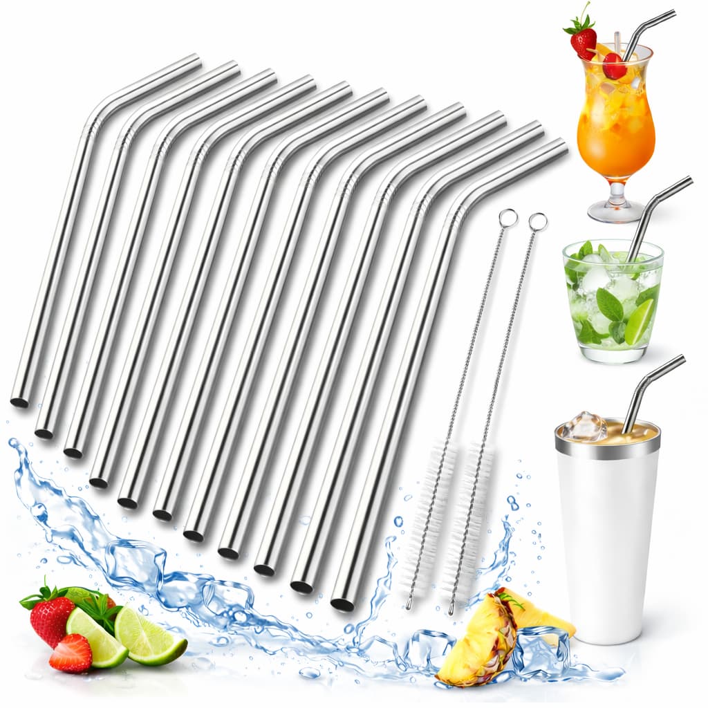 KIT 4 - 12 Unidades De Canudos Inox Curvos com Escovas Limpeza Reutilizáveis