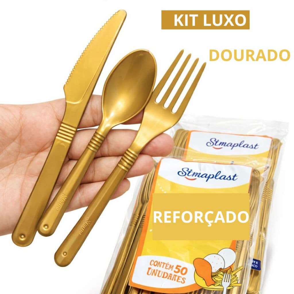 Kit Luxo Talher Descartável Dourado Reforçado Garfo + Faca + Colher de Refeição Churrasco Festa