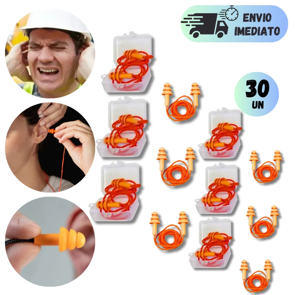 KIT 20/25/30 PROTETOR AURICULAR SILICONE CORDAO POLIESTER 16 DB ABAFADOR DE RUIDOS PARA DORMIR COM CAA: 36.817