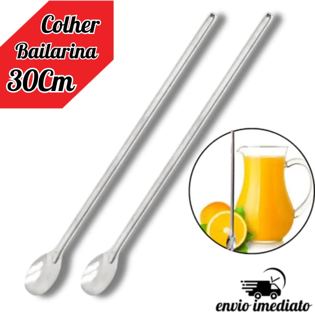 Colher Para Sucos Bailarina em Aço Inox 30 cm Drinks Bebida Sorvete Milkshake