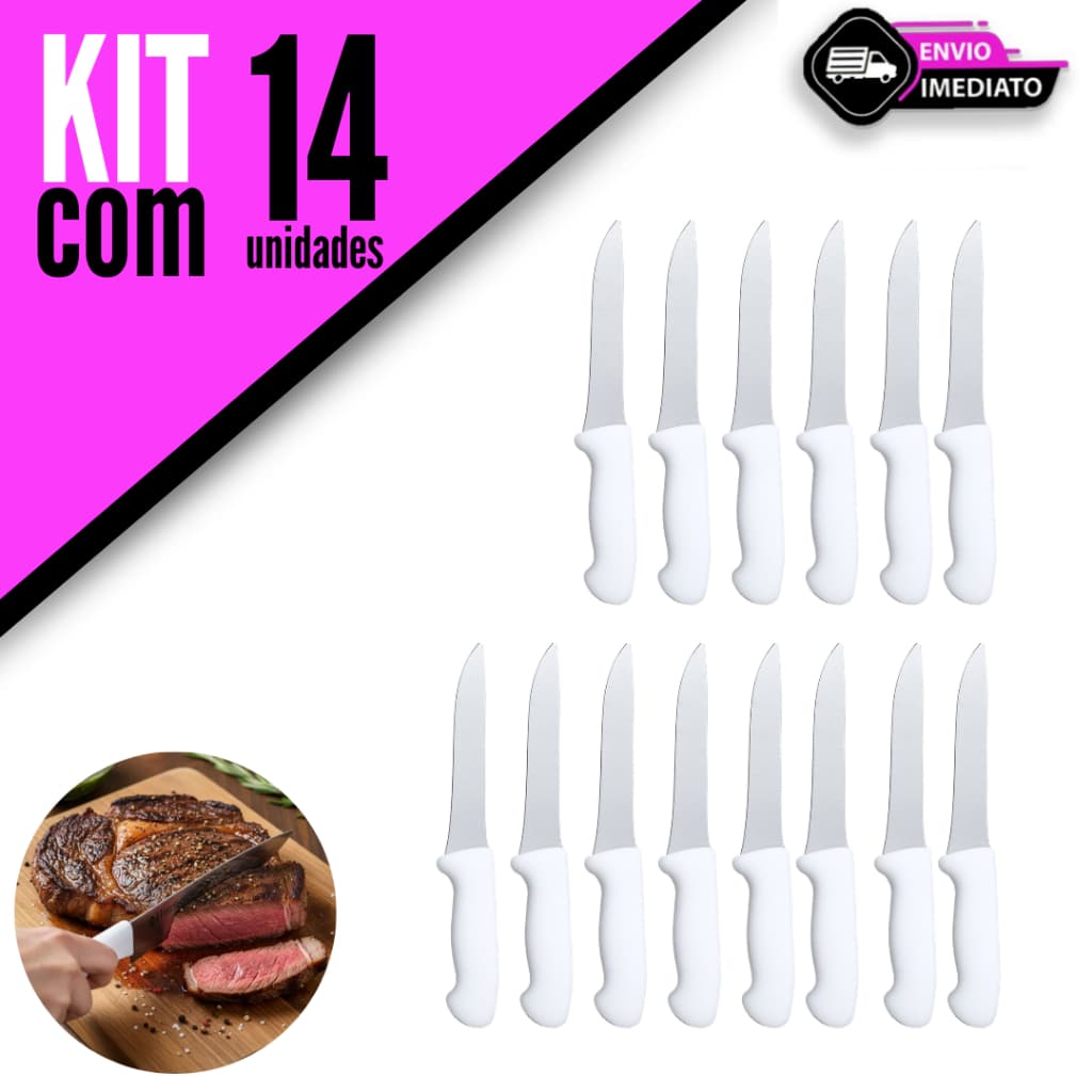 Kit 14/12/10/8 Unidades Facas Profissionais Linha Premium Top Chef Lamina Aço Inox e Cabo Reforçado