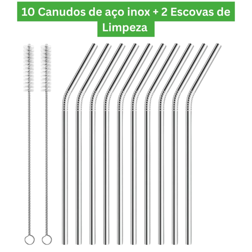 Kit 10 Canudos Aço Inox Reutilizáveis Sustentáveis com 2 Escovas de Limpeza Higiênicas