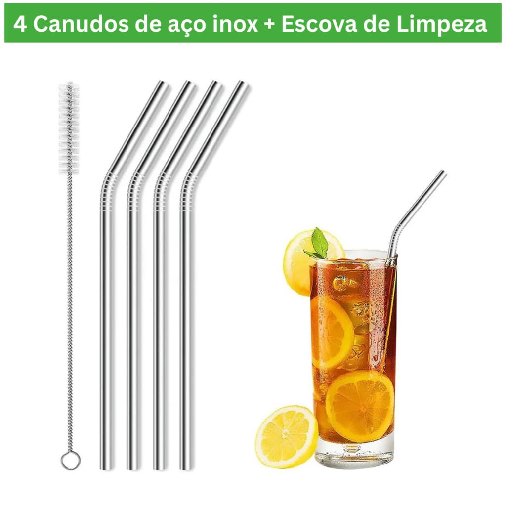 Kit 4 Canudos Aço Inox Reutilizáveis Sustentáveis com Escova de Limpeza Lavável Premium