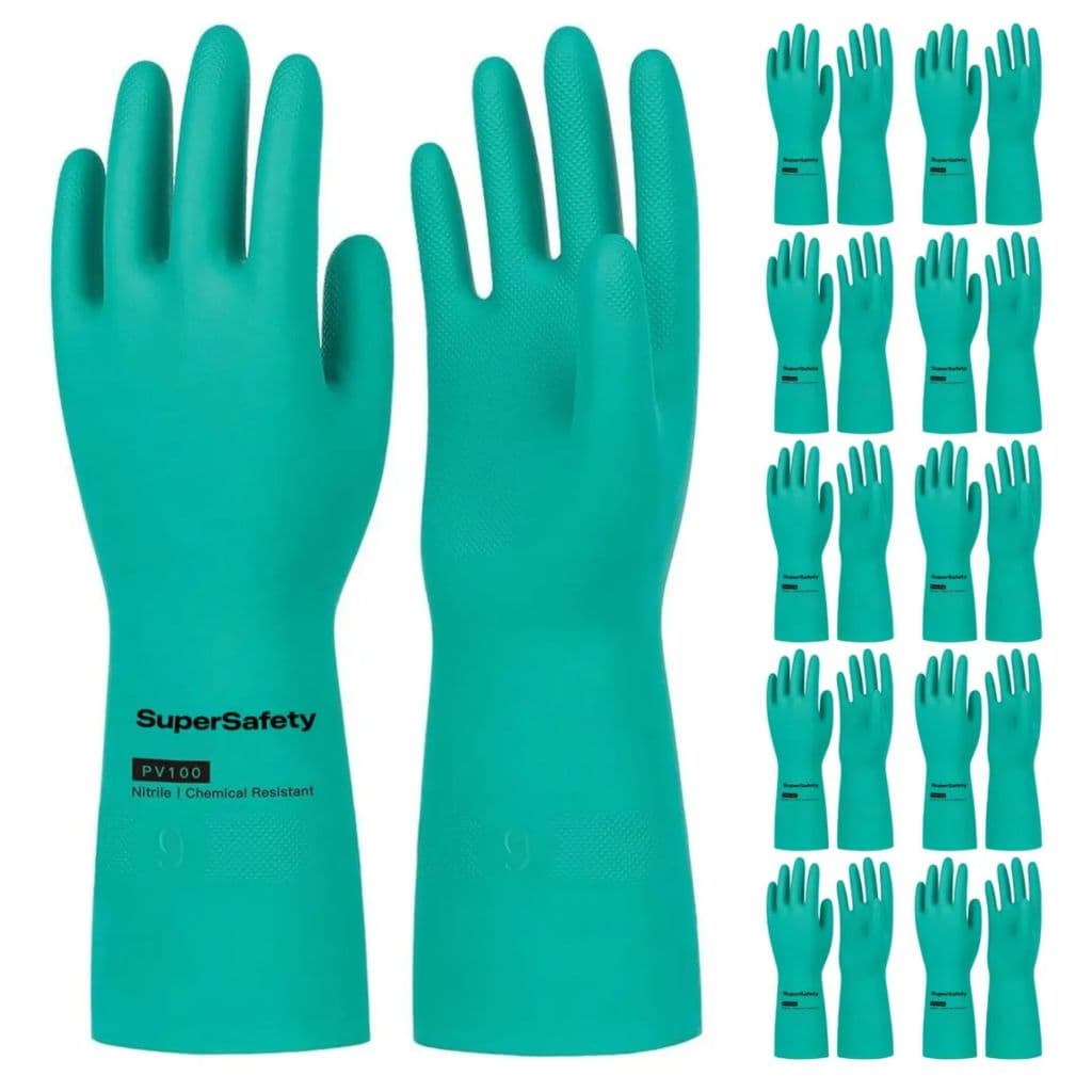 Kit 10 Luva Nitrílica Verde C/Forro Produto Quimico Multiuso Thinner Verniz Solvente Cozinha Limpeza