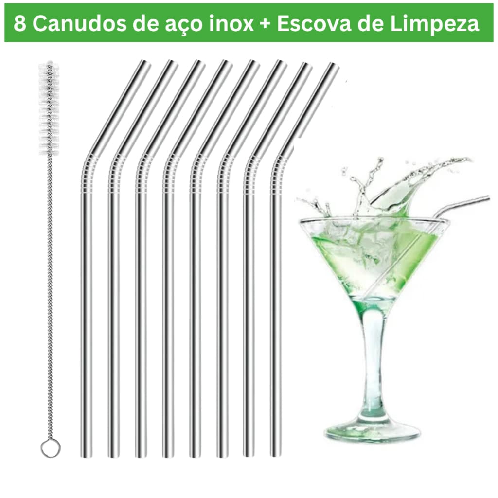 Kit 8 Canudos Aço Inox Curvos Reutilizáveis Ecológicos com Escova de Limpeza Extra
