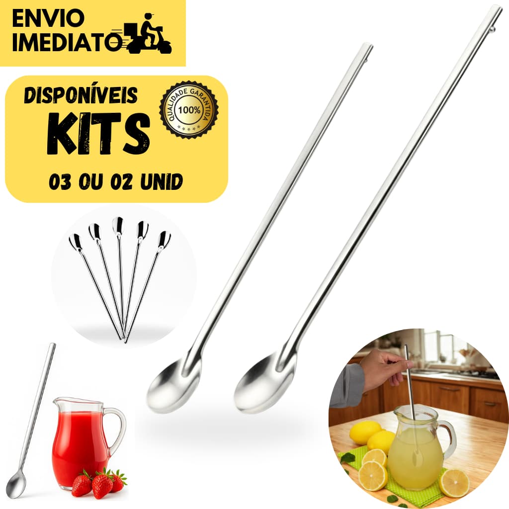 Kits 03 ou 02 Colheres de Suco Bailarina Longa Inox 30 Cm p/ Sucos, Chá em Jarras Compridas Altas