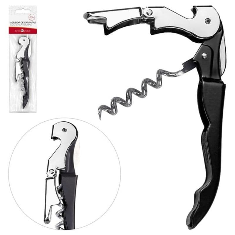 Abridor de Saca Rolhas Profissional Multiuso Sommelier com Canivete de Corte e Abridor de Garrafa 12,5cm Aço Inox