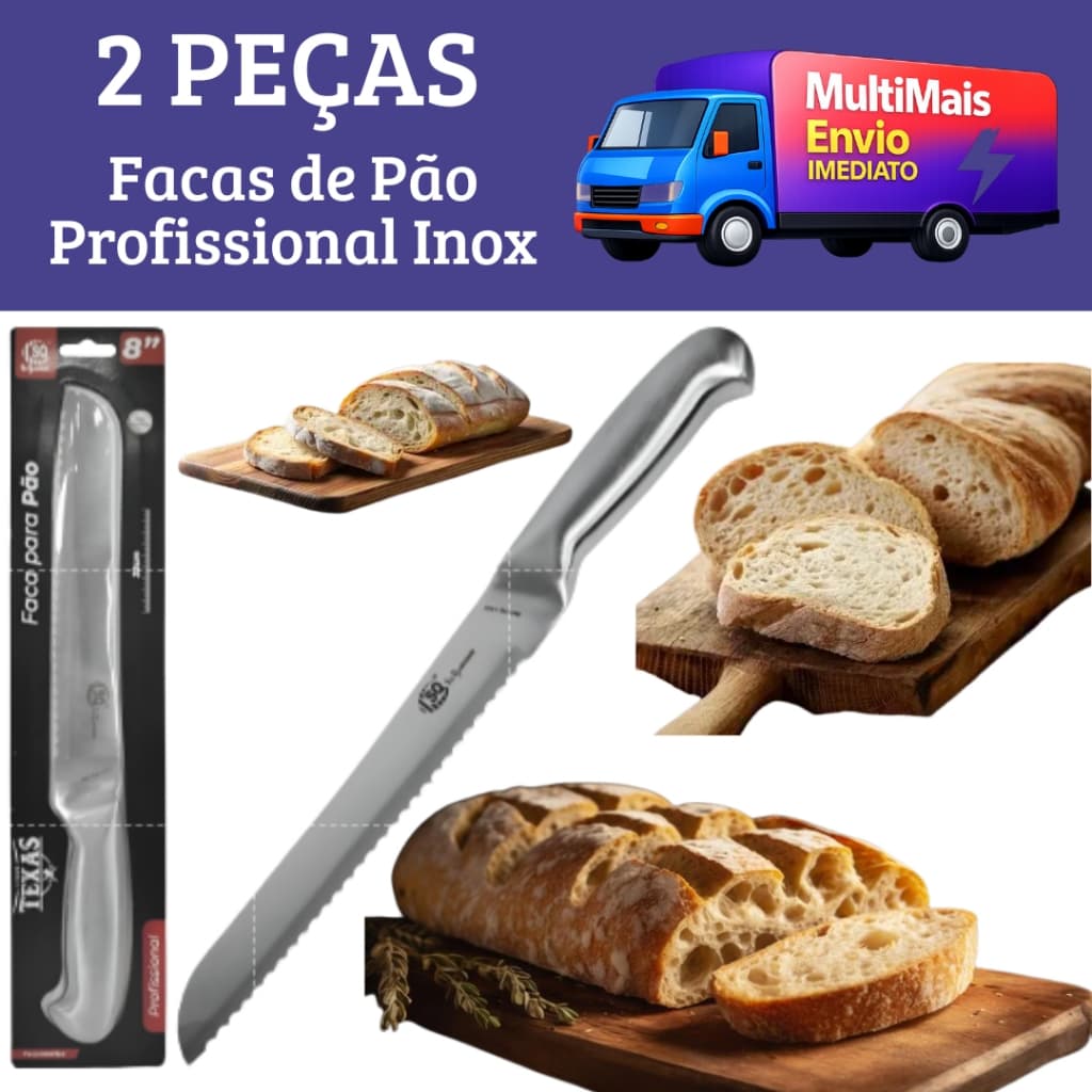 Kit 2 Faca de Pão Profissional Inox 8" Lâmina Serrilhada Chef Confeitaria Cozinha Precisa e Afiada