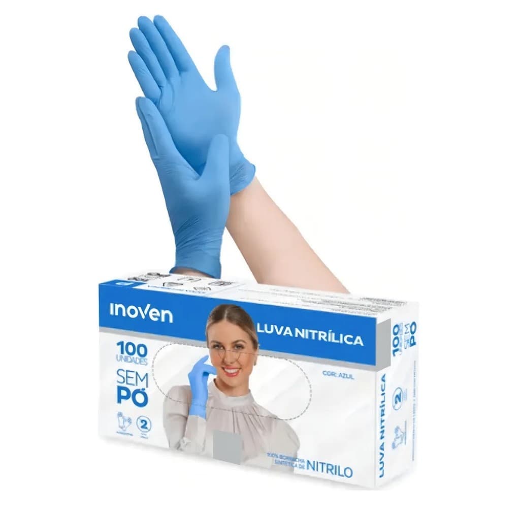 Luva Nitrílica Azul sem Pó - Tamanho M - caixa com 100