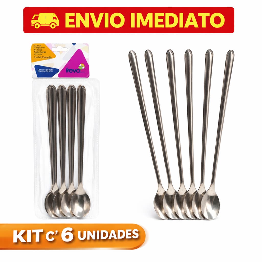 Kit 6 Colher Bailarina Inox 30,8 cm Cabo Longo Para Drinks Bartender Bar Coquetelaria Copos Altos