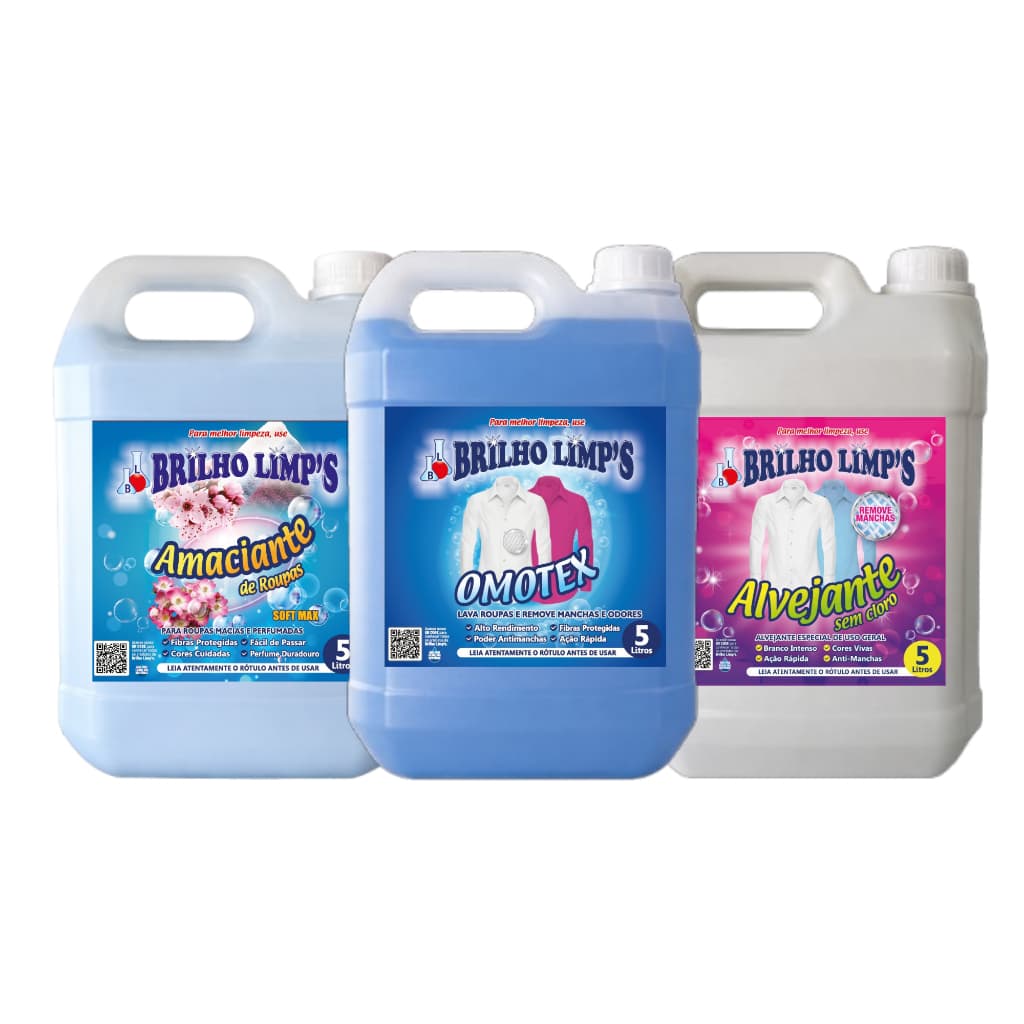 Kit Lava Roupas 5 L Amaciante Concentrado + Sabão Liquido Omotex + Alvejante sem Cloro Brilho Limps