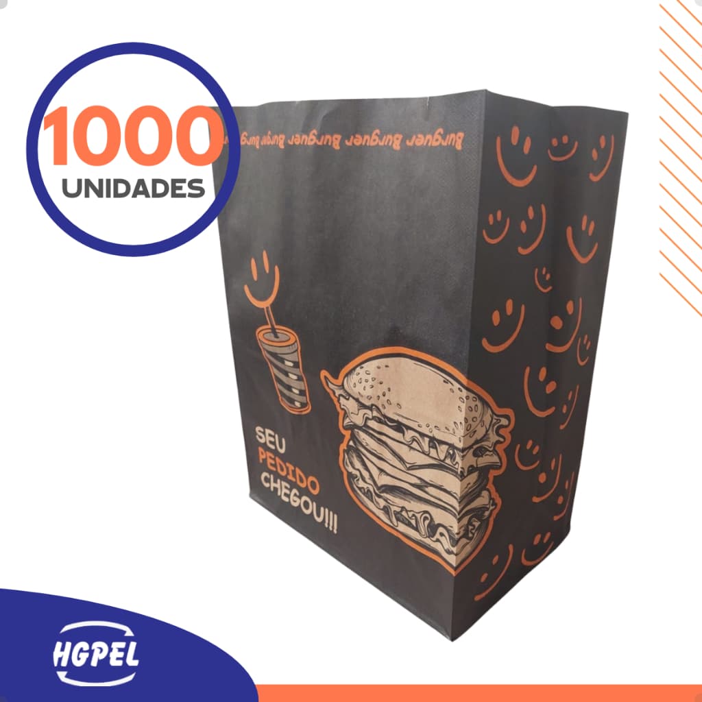 Saco Kraft 24X14,5X31 Delivery Impresso Black Burguer Seu Pedido Chegou Laranja 1000 Unidades
