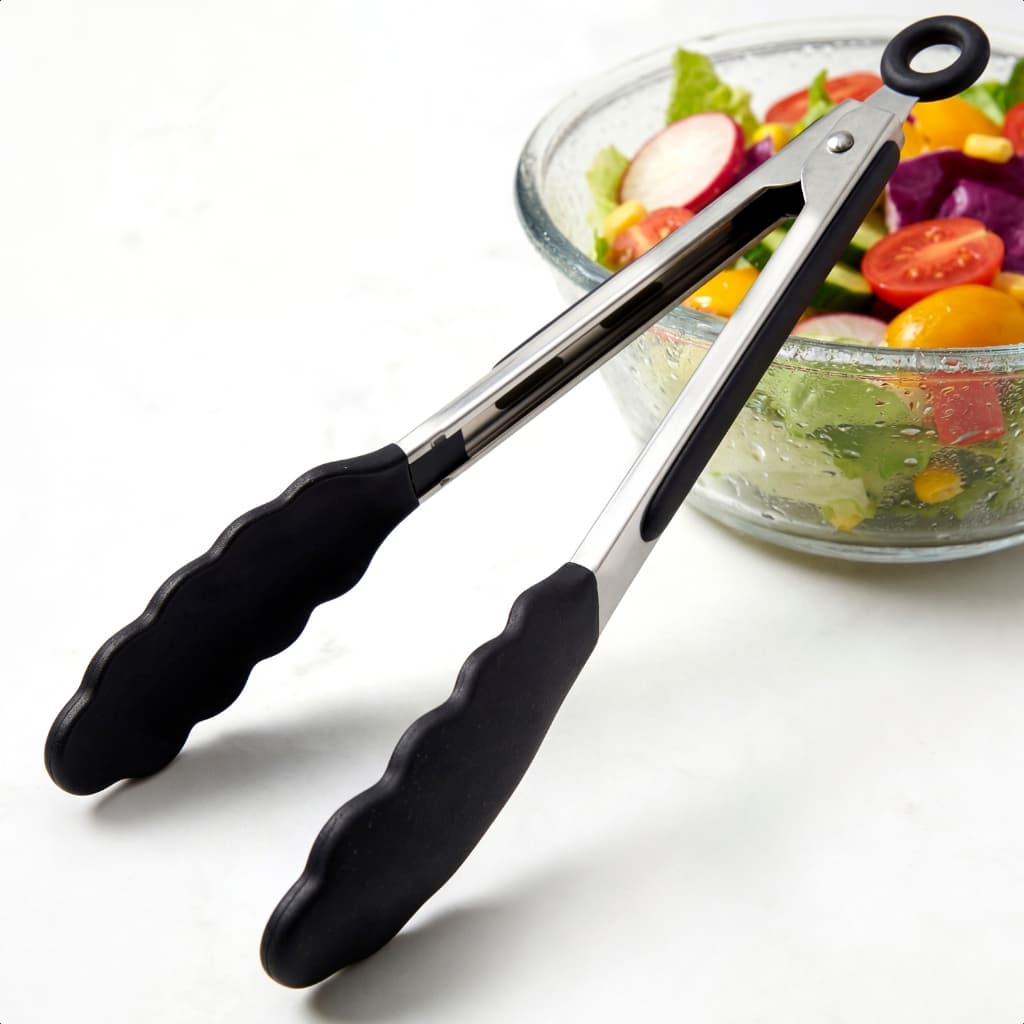 Pegador De Salada Silicone Aço Inox Massas Carne Pinça Culinária Multiuso Com Trava Cozinha