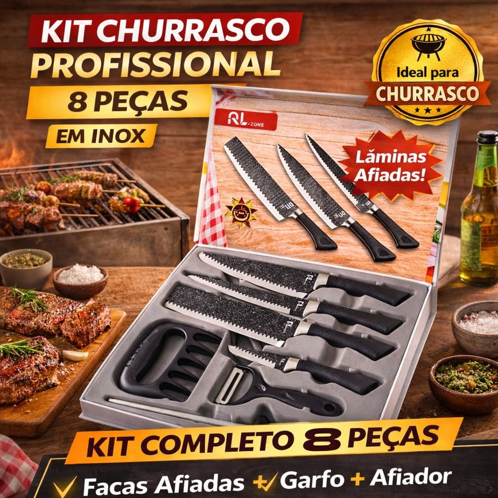 Kit Facas Profissional Cozinha Inox 8 Peças com Chaira Tesoura Descascador Churrasco