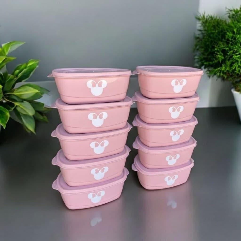 Pote Herméticos Plástico Rosa Cozinha Marmita Minnie Kit  10 Peças Oval